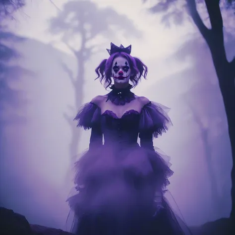 A place with a morbid look that resembles a funeral, (foggy:1.2), silhouetted in soft shadow (full body photograph:1.2) (Purple Mountain Majesty clown outfit:1.3) (beautiful supermodel:1.1) hands behind her back detailed background bokeh