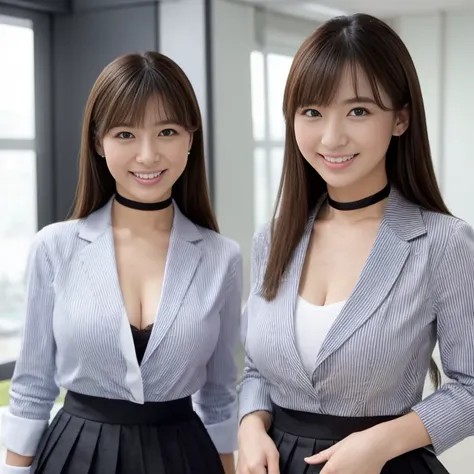 highest quality, 複数のgirl, ((背景に多くのgirl)),, Beautiful office ladies lined up, A row of neat office ladies, Office ladies standing in a line, OL in the background, curly hair, hairstyle that suits you, hazel eyes, smile, ((matching outfit,Business service, )...