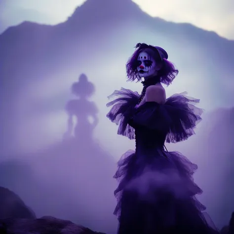 A place with a morbid look that resembles a funeral, (foggy:1.2), silhouetted in soft shadow (full body photograph:1.2) (Purple Mountain Majesty clown outfit:1.3) (beautiful supermodel:1.1) hands behind her back detailed background bokeh