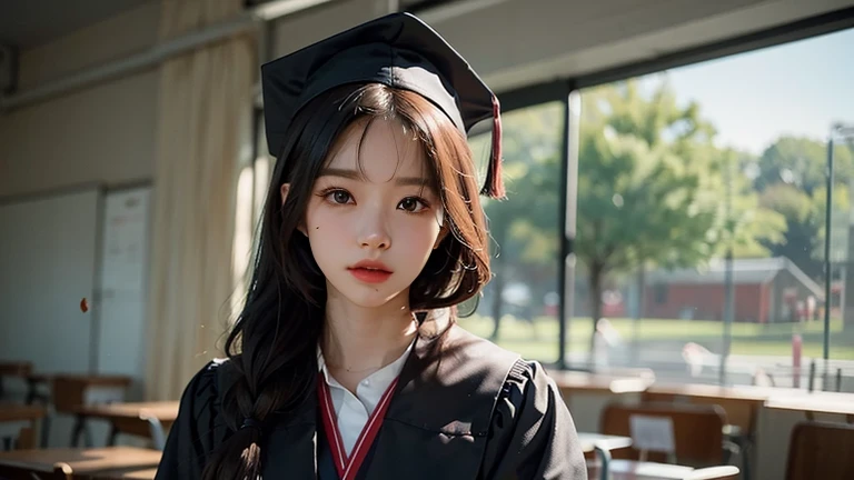 A girl with a beautiful ponytail wearing graduation gown and cap, standing in a classroom. The background consists of graduation photos and academic robes. The girl resembles IU and Li Zixin, and her portrait should be captured in close-up. The image quali...