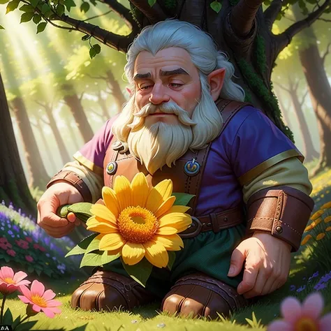 Dwarf and Flower: In a quaint and enchanted meadow, a tiny dwarf is seen tending to a vibrant, blooming flower. With a small, wrinkled hand, he carefully waters the petals, the dew glistening on his furry brow. The sun peeks through the trees, casting a wa...