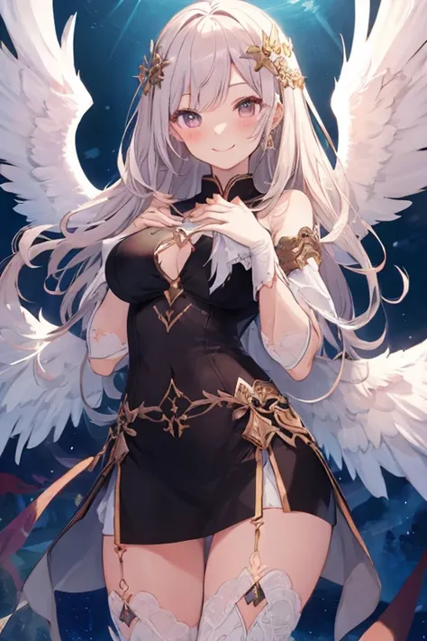 beautiful illustrations, highest quality, pretty girl,美girl、clear face、 half girl、pastel colour 、blush、perfect hands、five fingers、fantasy、fantasy、thighs、(perfect face:1.1), (high detail:1.1)、smile、Angel、white feathers、white wings、girl