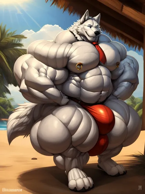 4k, high resolution, best quality, perfect lightning, perfect, solo, anthro, young, boy,white wolf:2.0, furry body, (fluffy mane:1.2), fluffy tail, male, adult, (bulky2:0, thick muscles2:0, huge muscles:2.0, hyper muscles:2.0), (thick biceps, veiny biceps,...