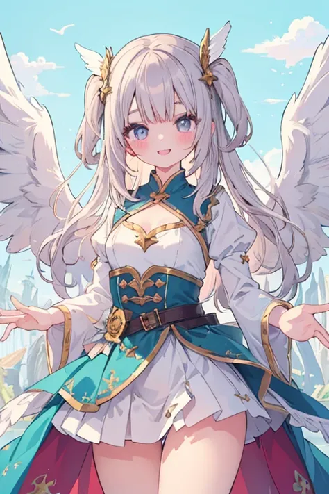 beautiful illustrations, highest quality, pretty girl,美girl、clear face、 half girl、pastel colour 、blush、perfect hands、five fingers、fantasy、fantasy、thighs、(perfect face:1.1), (high detail:1.1)、smile、Angel、white feathers、white wings、girl