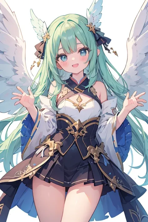 beautiful illustrations, highest quality, pretty girl,美girl、clear face、 half girl、pastel colour 、blush、perfect hands、five fingers、fantasy、fantasy、thighs、(perfect face:1.1), (high detail:1.1)、smile、Angel、white feathers、white wings、girl