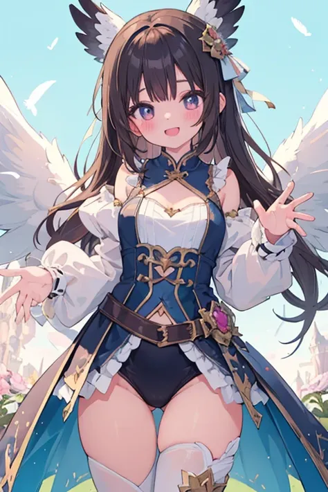 beautiful illustrations, highest quality, pretty girl,美girl、clear face、 half girl、pastel colour 、blush、perfect hands、five fingers、fantasy、fantasy、thighs、(perfect face:1.1), (high detail:1.1)、smile、Angel、white feathers、white wings、girl