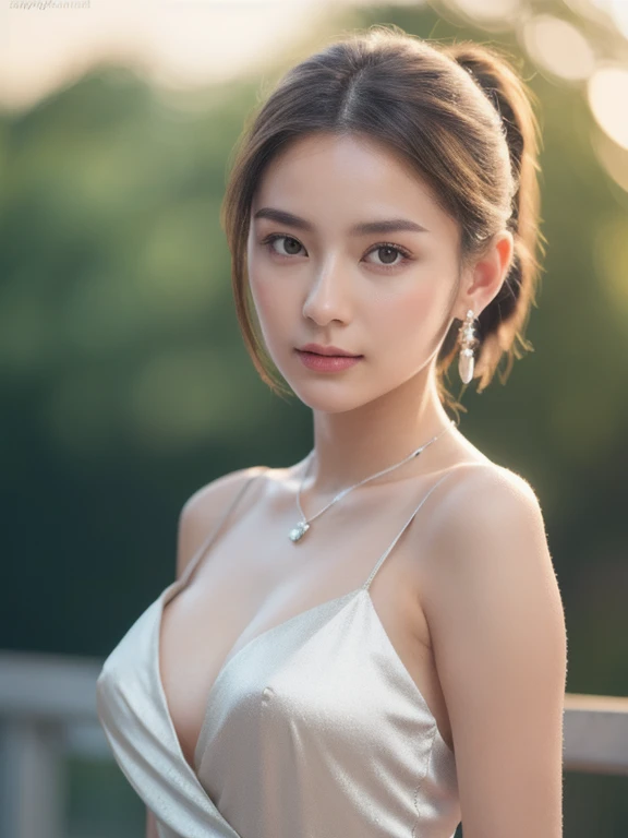 Random posture, (very delicate and beautiful work), (masterpiece), 1girl, girl in a silver dress, very detailed, waist leak, ponytail distortion, attractive appearance, beautiful clear eyes, green eye pupils, delicate necklace, delicate earrings, fairy ear...