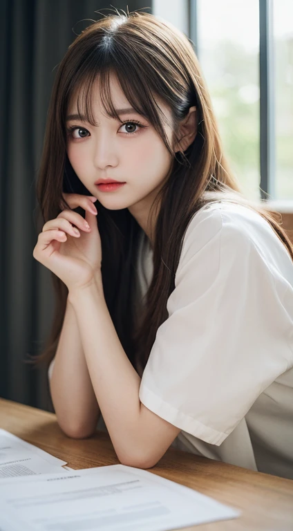 fine details, high resolution, high quality、Perfect dynamic composition, Beautiful and delicate eyes, Medium long hair, 、natural color lips,Kamimei、Shibuya、20 year old girl、1 person、clear skin、glowing hair、on the table, best quality, illustration, Super de...