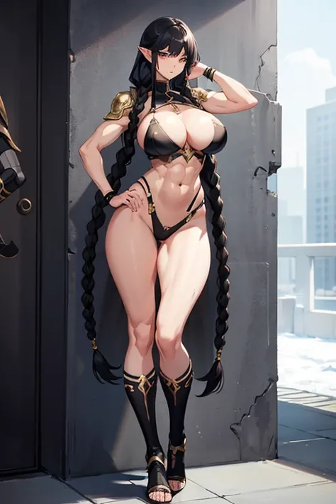 tall girl, muscular girl, long black hair, braids hairstyle, pointy ears, wide hips, huge breasts, full body, standing, revealing armor, abs