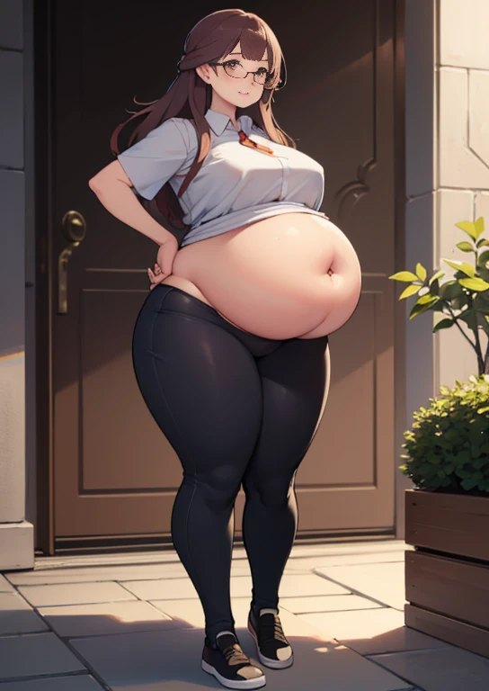 (masterpiece, best quality, highly detailed), 1girls, big belly, huge belly, art by kipteitei, round belly, chubby, curvy, belly grab, enormous belly, fat belly, thicc, bigger belly, really big belly, jiggly belly, shirt covering belly, belly cover by shir...