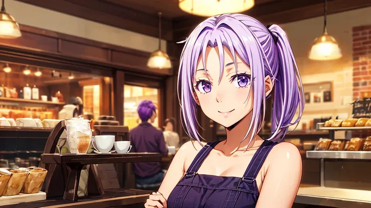 (original photo, best quality), 1 purple haired girl, aster, natural lighting, upper body, cafes, smile, satosh khan art style