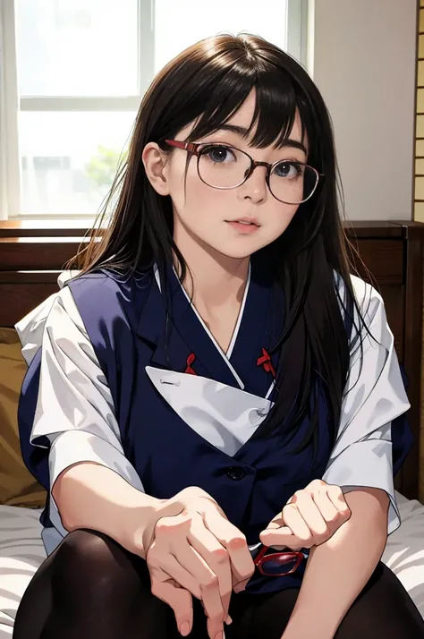 Japanese woman sitting on the bed with glasses on,Young beautiful girl gravure idol, 1,(Raw photo:1.2), (realistic:1.4), random pose,Meticulous beautiful girl, highly detailed eyes and face, detailed and beautiful eyes, absurd, incredibly ridiculous, huge ...