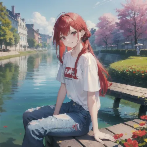 The art of math, (girl, Red_hair, flowers, baggy jeans, White shirt, cautious smile, cute look), (sit on bench, River in the background, prime time),, author：Daniel Subonitskyjpegman