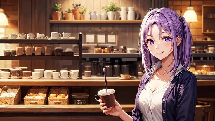 (original photo, best quality), 1 purple haired girl, Aster, natural lighting, Upper body, cafes, Smile, Satosh Khan Art Style