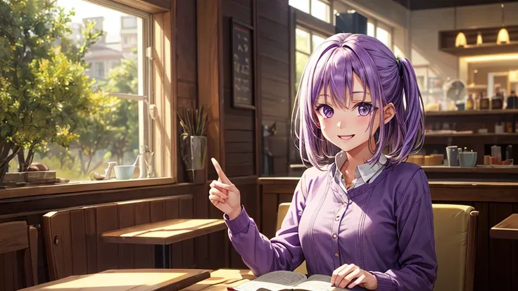 (original photo, best quality), 1 purple haired girl, Aster, natural lighting, Upper body, cafes, Smile, Satosh Khan Art Style