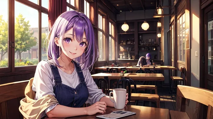 (original photo, best quality), 1 purple haired girl, aster, natural lighting, upper body, cafes, smile, satosh khan art style