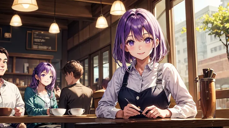 (original photo, best quality), 1 purple haired girl, aster, natural lighting, upper body, cafes, smile, satosh khan art style