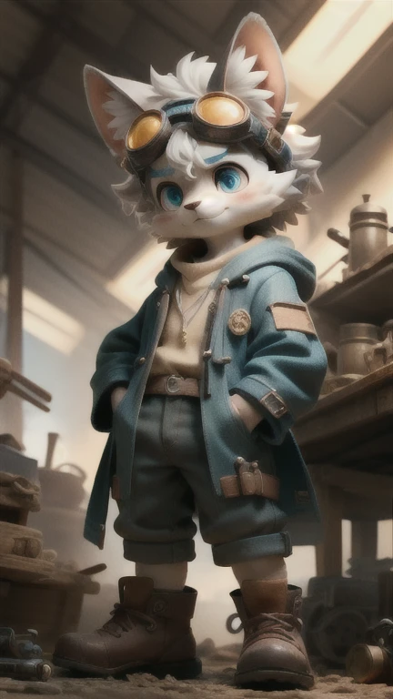 A whimsical and eccentric inventor,with wild curls of silver hair and eyes that shine with a spark of mad genius,surrounded by a workshop filled with gears,gadgets,and peculiar contraptions. Dressed in a patchwork coat and goggles perched on his forehead,h...