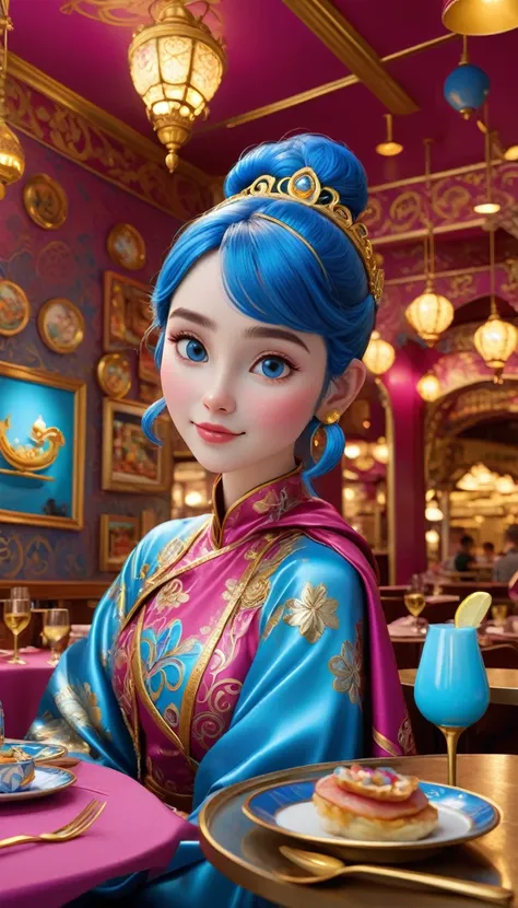 (Cute girl in restaurant at cloisonne theme park），visitor，Tapas，dreamland dreamland，ultra-realistic realism，Asymmetrical balance ，( magenta ）Carmine＋( blue white colors ）Blue-cyan＋( tin foil gold ）golden colored，pixar character