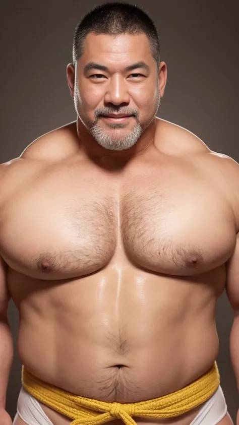 white hair, old man, individual, male, Muscular wrestler, muscular, Stout wrestler, Asian, Japanese, uncle, 55 year old middle-aged man, short hair, short hair, yellow wrestling boots, full body portrait, shadow, Vision, yellow briefs, obesity, 45 years ol...