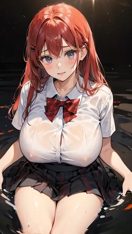 (in the dark:1.6) , school girl Soak in water , red knot , red bow , white Shirt , big tits , Big breasts , skirt dark red , plaid skirt , pleated skirt