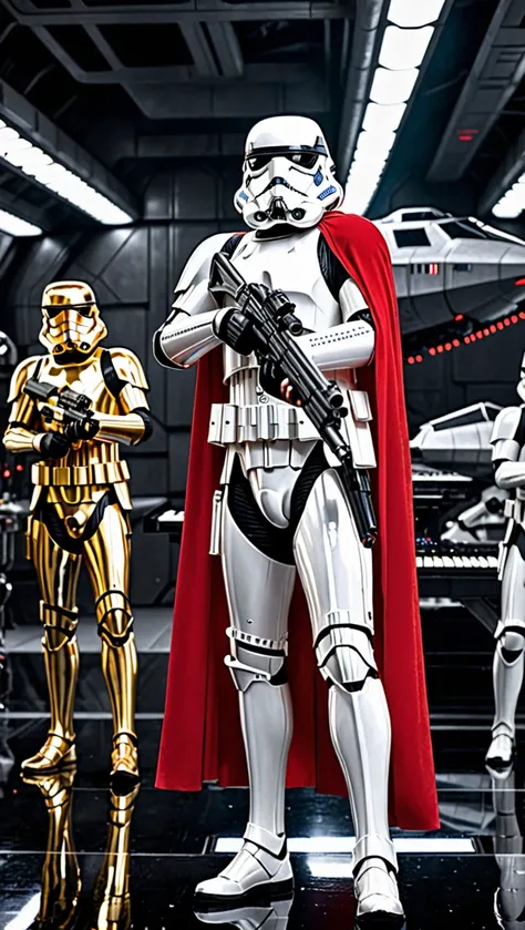 Photorealistic Gold Stormtrooper holding a blaster while wearing a red cape which covers his right shoulder and back, hes facing the camera, hes inside an imperial ships large futuristic hangar, with black piano floor, there are random stormtroopers behind...