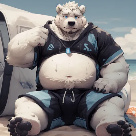 New Jersey 5 Hairy,polar bear，Full body portrait of an individual,exquisite， chubby，Fat，thick arms，Rugged muscles，naked，White plush fur，chubby脸，light blue eyebrows，sky blue eyes，beard，Soaked shorts，sweating，lie down，beach