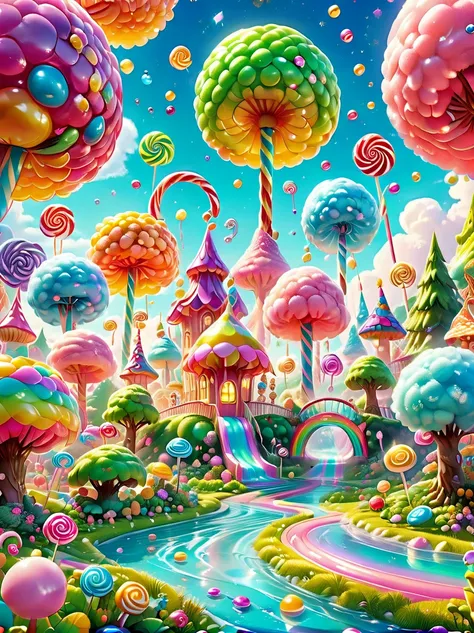 candyland,  amusement park made of candy, magical forest, colorful candy towers, glistening rooftops, rainbow bridge, honey rive...