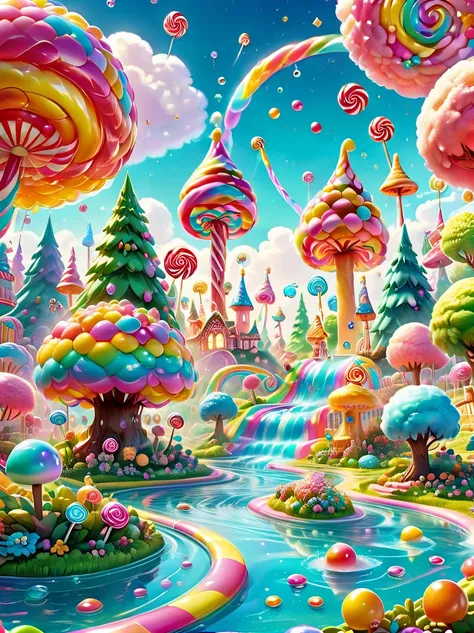 candyland,  amusement park made of candy, magical forest, colorful candy towers, glistening rooftops, rainbow bridge, honey rive...