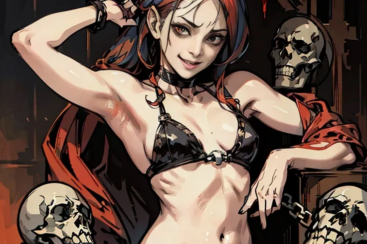 highest quality, High resolution,(A frame made up of chains and skulls),zombie girl、Bloody chainsaw、Splattering blood、amusement park、small eyes、small breasts, Mr.々colored hair, realistic, masterpiece, super detailed, 8K, epic 
