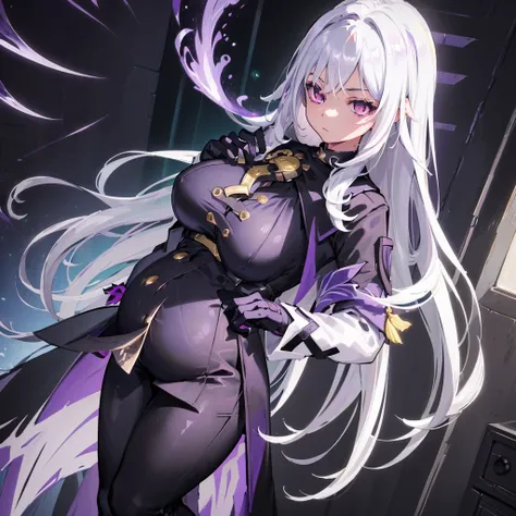 (masterpiece, best quality:1.2), illustration, 8k, hd, 1 girl, alone, (((white hair, purple eyes, black coat,))) big breasts, bl...