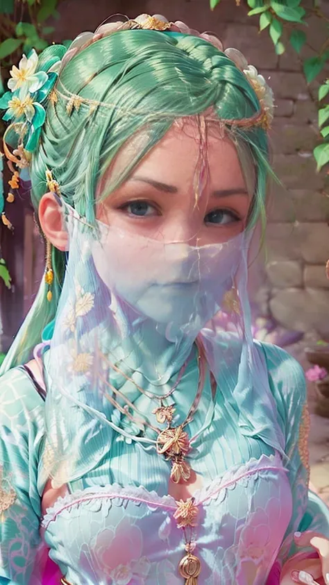 Head close-up，Eyes are very delicate，Gorgeous green Hanfu，（（（hair accessories）））（（（veil））），necklace，（（（a garden with many flowers））， （（intricate details））， （（Surrealism））（8k）