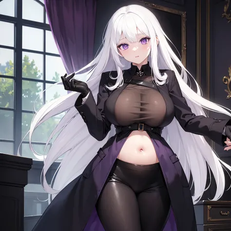 (masterpiece, best quality:1.2), illustration, 8K, HD, 1 girl, alone, (((white hair, purple eyes, black coat,))) Big breasts, black pants, indoors, (assignment:0.5), High, Mature, elegant, black gloves, from the front, long hair,The belly is huge