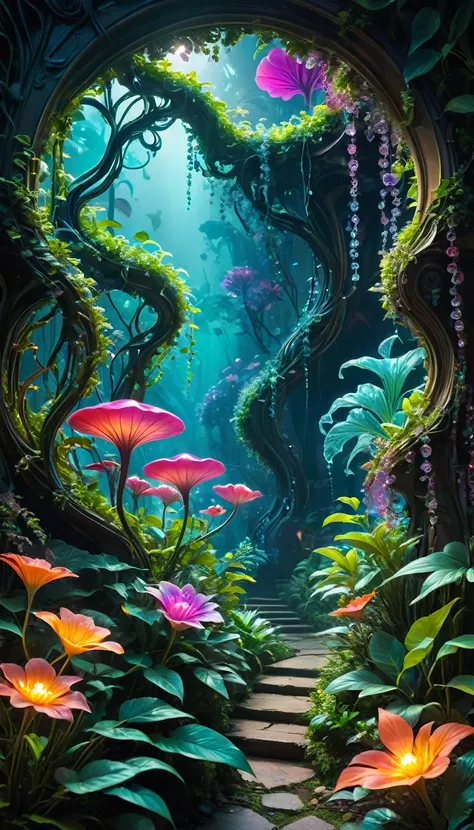 (best quality,4K,8K,high resolution,masterpiece:1.2),Super detailed,(actual,photoactual,photo-actual:1.37),bright colorful lights,bright colors,plant dream,Magical alien plants,Ethereal atmosphere,otherworldly,alien landscape,Alien vegetation,alien flora,u...