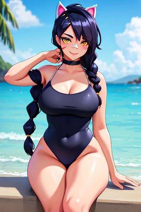 Erisa, 1girl, solo, long hair, looking at viewer, black hair, bandaid on face, yellow eyes, animal ears, smile, bandaid on nose, braid, cat ears, bandaid, bangs, breasts, fake animal ears, simple background, fang, bare shoulders, scar, bare shoulders, clos...