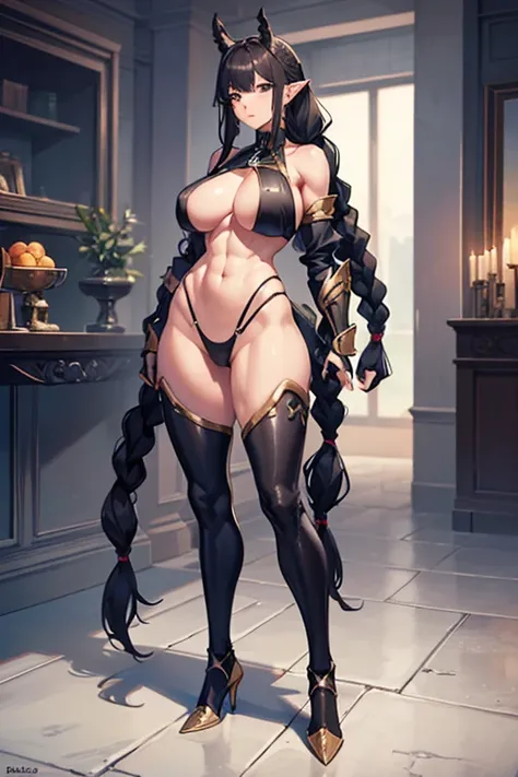 tall girl, muscular girl, long black hair, braids hairstyle, pointy ears, wide hips, huge breasts, full body, standing, revealing armor, abs, curvy