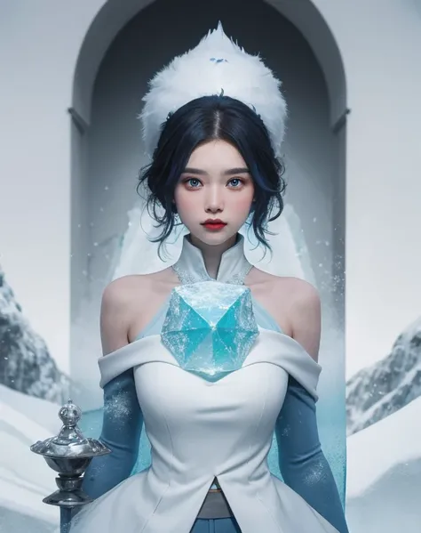 Calculated composition of the painting、Arctic Frost Ranger: A suit featuring icy blue and frosty white hues, accented with snowflake patterns and frost crystals. This Ranger commands the power of ice and cold, with abilities such as creating blizzards, for...