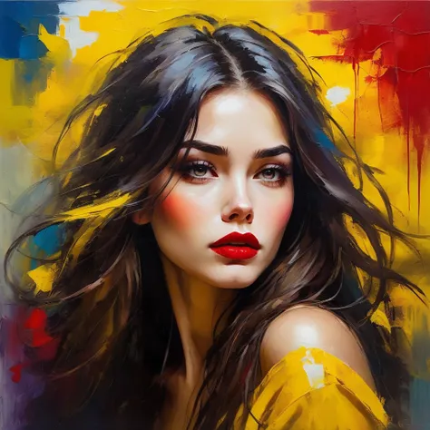 a beautiful woman with a yellow background, long hair, messy hair, full red lips, bright colors, colorful brushstrokes, oil pain...