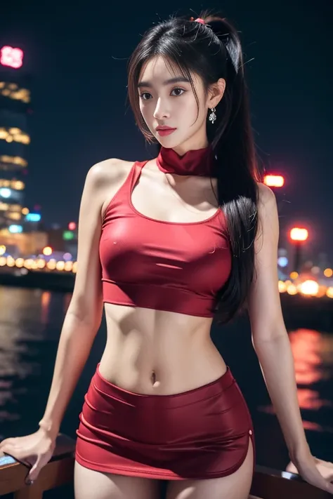 Chinese girl,25 years old,Double ponytail black,cute face,long shot,collar,whole body,Medium Length Wavy Pink Hair,Large earrings,Small bag,red shirt,mini skirt,night light,City,photography,Surrounded by neon-lit reflections of the Cityscape, depth of fiel...