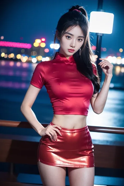 Chinese girl,25 years old,Double ponytail black,cute face,long shot,collar,whole body,Medium Length Wavy Pink Hair,Large earrings,Small bag,red shirt,mini skirt,night light,City,photography,Surrounded by neon-lit reflections of the Cityscape, depth of fiel...