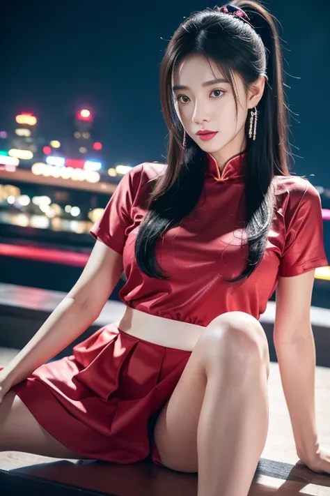 Chinese girl,25 years old,Double ponytail black,cute face,long shot,collar,whole body,Medium Length Wavy Pink Hair,Large earrings,Small bag,red shirt,mini skirt,night light,City,photography,Surrounded by neon-lit reflections of the Cityscape, depth of fiel...