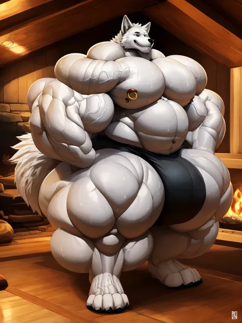 4k, high resolution, best quality, perfect lightning, perfect, solo, anthro, young, boy,white wolf:2.0, furry body, (fluffy mane:1.2), fluffy tail, male, adult, (bulky2:0, thick muscles2:0, huge muscles:2.0, hyper muscles:2.0), (thick biceps, veiny biceps,...