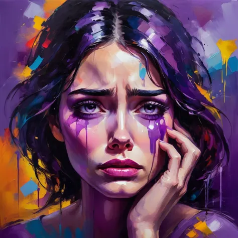 a tearful woman with a purple background, bright colors, colorful brushstrokes, oil painting style, expressive, abstract, high-l...