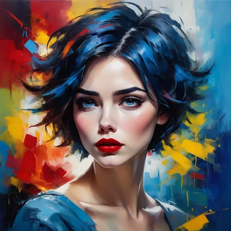 a beautiful woman with a blue background, short hair, messy hair, full red lips, bright colors, colorful brushstrokes, oil paint...