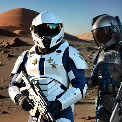 arafed soldier in a white and blue uniform holding a gun, space soldier on mars with a gun, space armor, clothed in sci-fi milit...