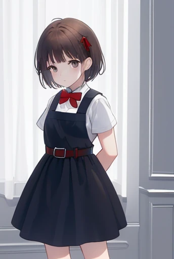 masterpiece, highest quality, High resolution, ui3, 1girl, standing, upright, black eyes, arms down, arms behind back, from front, dark brown short hair, dark blue pinafore dress, white shirt, white socks, short sleeve, belt, red bow tie,