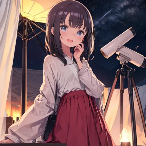 masterpiece, highest quality、Medium wide shot、1. A girl with beautiful eyes、laughing、Astronomical observation、Astronomical observation、astronomical telescope、camp、camping、