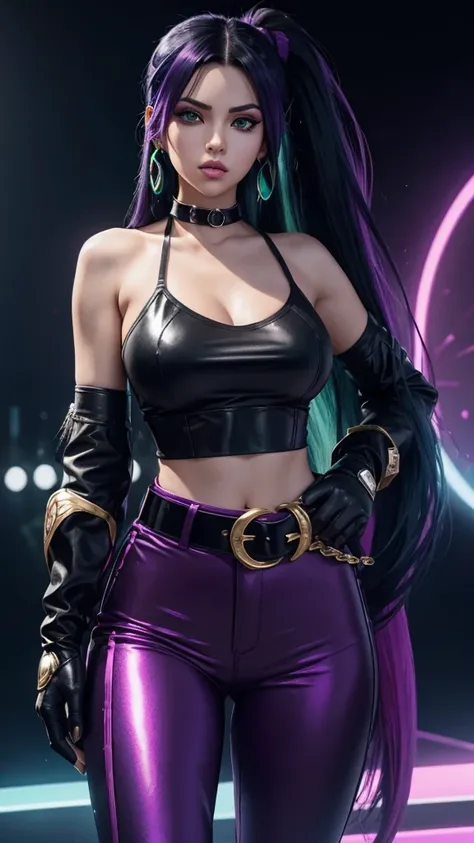 Game character (k/da all out kaisa), from league of legends, k/da (league of legends), teenage girl, solo, official outfit, black hair, colorful hair, long hair, very long hair, ponytail, ponytail, streaked hair, green hair, two tone hair, violet eyes, lip...