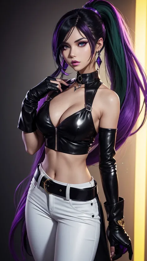 Game character (k/da all out kaisa), from league of legends, k/da (league of legends), teenage girl, solo, official outfit, black hair, colorful hair, long hair, very long hair, ponytail, ponytail, streaked hair, green hair, two tone hair, violet eyes, lip...