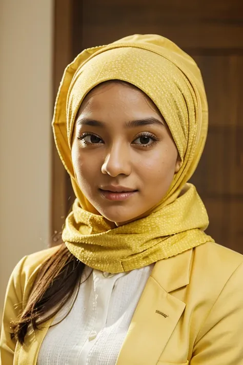 Modest girl wearing yellow blazer and golden towel on her head as hijab